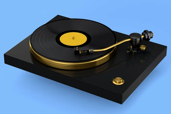 Vinyl Record Player Turntable Retro Vinyl Disk Blue Background Render — Foto de Stock