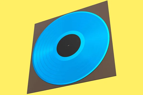 Black vinyl LP record with cover isolated on yellow background. 3d render of musical long play album disc 33 rpm