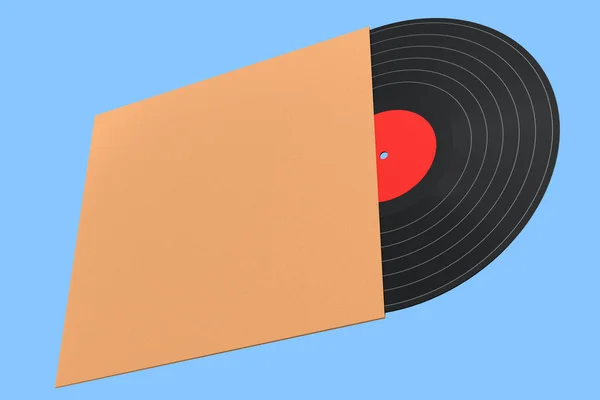 Black vinyl LP record with cover isolated on blue background. 3d render of musical long play album disc 33 rpm