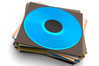 Black vinyl LP record with heap of covers isolated on white background. 3d render of musical long play album disc 33 rpm