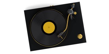 Vinyl record player or DJ turntable with retro vinyl disk on white background. 3d render of sound equipment and concept for sound entertainment.