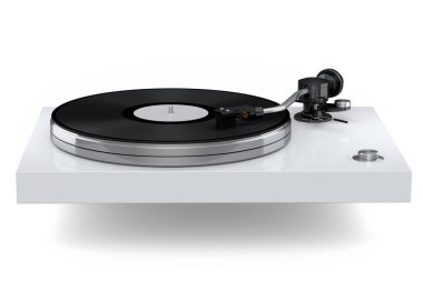 Vinyl record player or DJ turntable with retro vinyl disk on white background. 3d render of sound equipment and concept for sound entertainment.