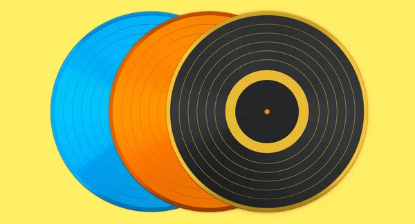 Set Vinyl Records Label Isolated Yellow Background Render Musical Long — Fotografia de Stock