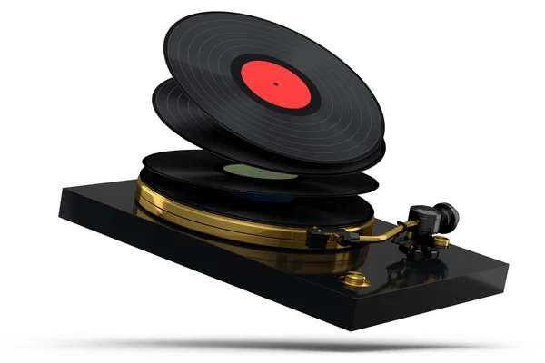 Vinyl Record Player Turntable Flying Vinyl Plate White Background Render — Stok fotoğraf