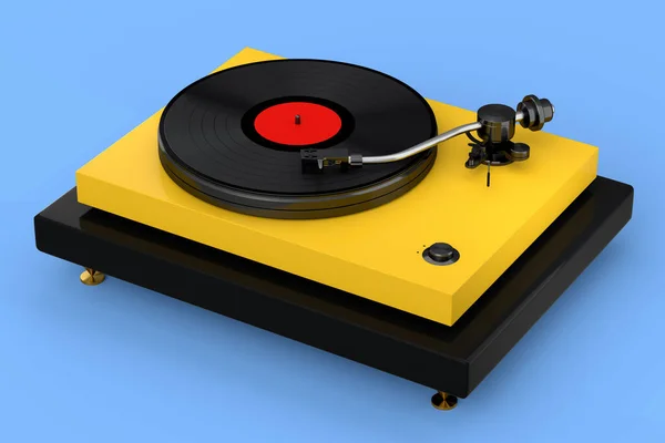Vinyl Record Player Turntable Retro Vinyl Disk Blue Background Render — 图库照片