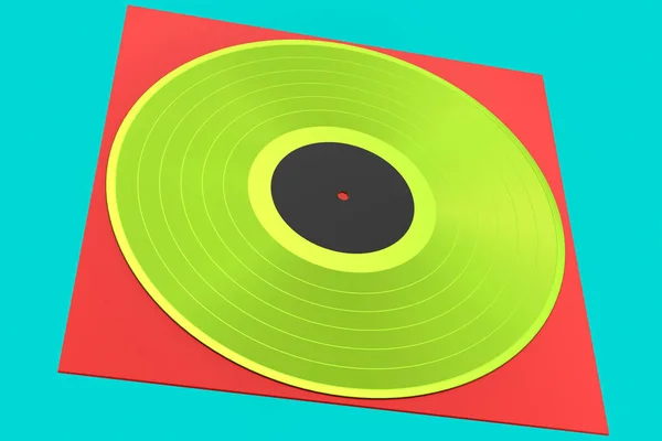Black vinyl LP record with cover isolated on green background. 3d render of musical long play album disc 33 rpm