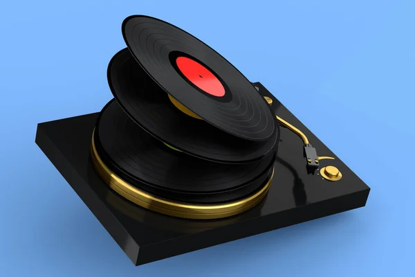 Vinyl Record Player Turntable Flying Vinyl Plate Blue Background Render — 스톡 사진