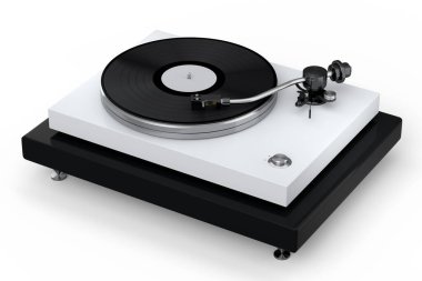 Vinyl record player or DJ turntable with retro vinyl disk on white background. 3d render of sound equipment and concept for sound entertainment.