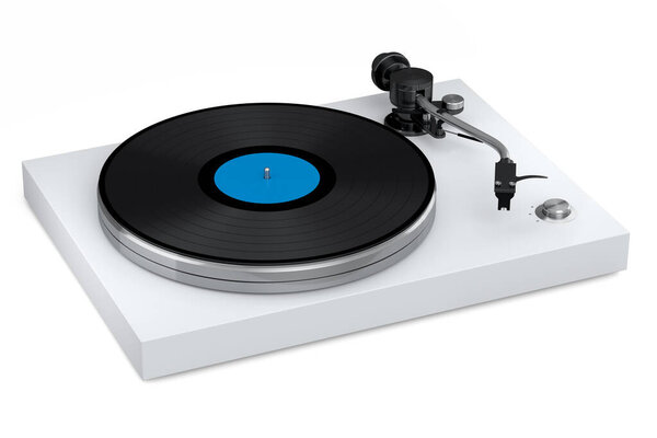 Vinyl record player or DJ turntable with retro vinyl disk on white background. 3d render of sound equipment and concept for sound entertainment.