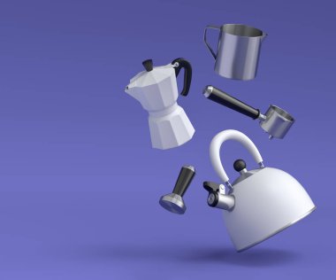 Espresso coffee machine, kettle with horn and geyser coffee maker for preparing breakfast on violet background. 3d render of coffee pot for making latte coffee