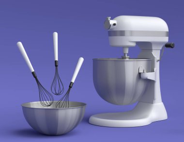 Mixer and metal bowl with kitchen utensil for preparation of dough on violet background. 3d render cooking process step by step and accessories for cooking, blending and mixing