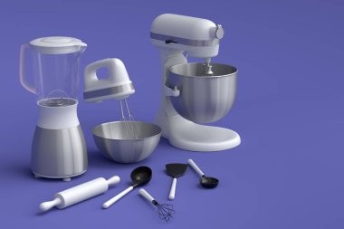 Mixer with kitchen utensil for preparation of dough on violet background. 3d render cooking process step by step and accessories for cooking, blending and mixing