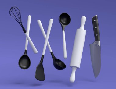 Wooden kitchen utensils, tools and equipment on violet background. 3d render of home kitchen tools and accessories for cooking