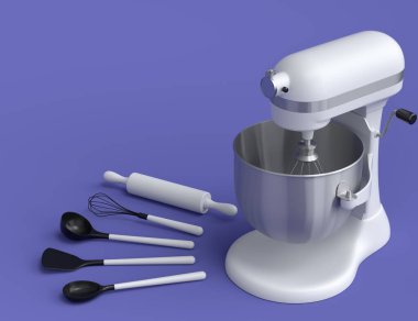 Mixer with kitchen utensil for preparation of dough on violet background. 3d render cooking process step by step and accessories for cooking, blending and mixing