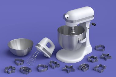 Mixer and hand mixer with kitchen utensil and metal cookie cutters for preparation of dough on violet background. 3d render cooking process step by step and accessories for cooking and mixing