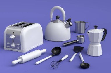 Toaster, kettle, coffeemaker with kitchen utensil for preparation of breakfast on violet background. 3d render cooking process step by step and accessories for cooking, blending and mixing