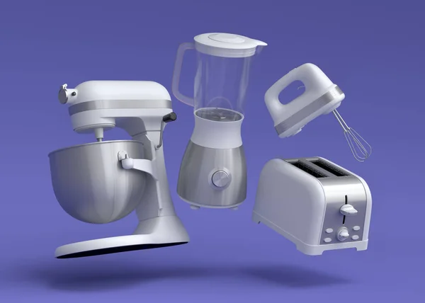 Electric kitchen appliances and utensils for making breakfast on violet background. 3d render of kitchenware for cooking, baking, blending and whipping