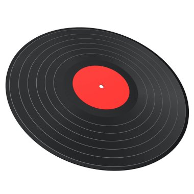 Black vinyl LP record with label isolated on white background. 3d render of musical long play album disc 33 rpm