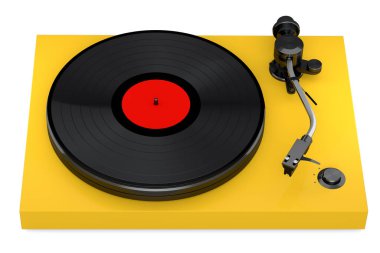 Vinyl record player or DJ turntable with retro vinyl disk on white background. 3d render of sound equipment and concept for sound entertainment.