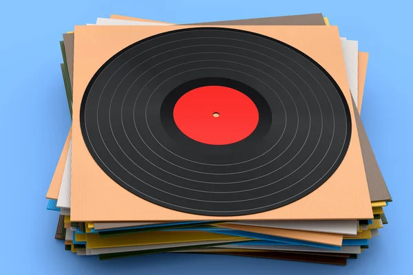 Black vinyl LP record with heap of covers isolated on blue background. 3d render of musical long play album disc 33 rpm