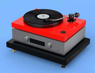 Vinyl record player or DJ turntable with retro vinyl disk on blue background. 3d render of sound equipment and concept for sound entertainment.