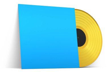 Black vinyl LP record with cover isolated on white background. 3d render of musical long play album disc 33 rpm