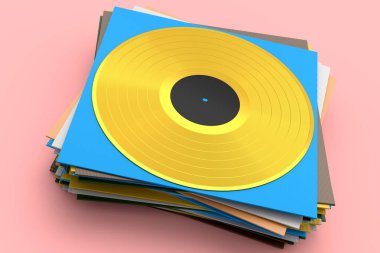 Pembe arka planda izole edilmiş bir yığın kapağı olan siyah plak plağı. Müzikal uzun çalma CD 'si 3D yorumlayıcı 33 rpm