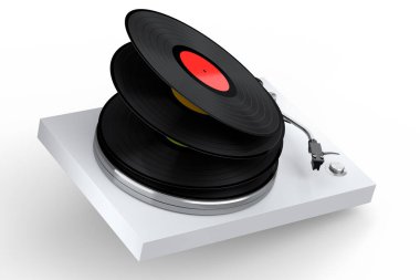 Vinyl record player or DJ turntable with flying vinyl plate on white background. 3d render of sound equipment and concept for sound entertainment.