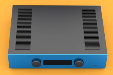 Pikablı HiFi sistemi ve sarı arka planda ev sineması için yükseltici. Dinleme müziği için 3d yorumlama konsepti