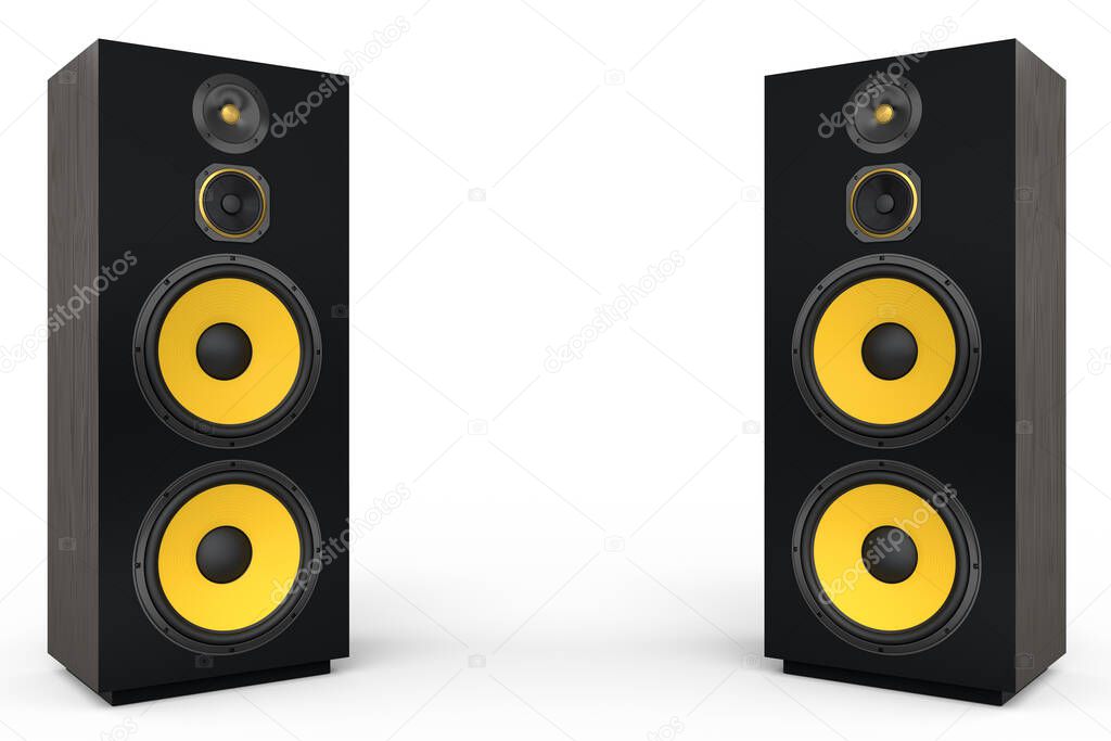 Hi-fi speakers with loudspeakers isolated on white background. 3d render audio equipment like boombox for sound recording studio