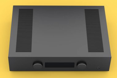 Pikablı HiFi sistemi ve sarı arka planda ev sineması için yükseltici. Dinleme müziği için 3d yorumlama konsepti