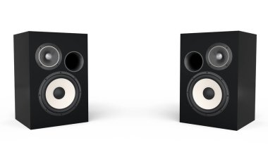 Hoparlörlü hoparlörler beyaz arka planda izole edildi. Ses kayıt stüdyosu için müzik kutusu gibi 3D ses ekipmanları oluştur