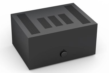Pikablı HiFi sistemi ve beyaz arka planda ev sineması için yükseltici. Dinleme müziği için 3d yorumlama konsepti