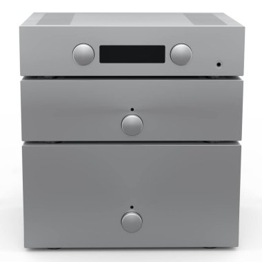 Pikablı HiFi sistemi ve beyaz arka planda ev sineması için yükseltici. Dinleme müziği için 3d yorumlama konsepti