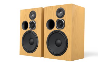 Hoparlörlü hoparlörler beyaz arka planda izole edildi. Ses kayıt stüdyosu için müzik kutusu gibi 3D ses ekipmanları oluştur