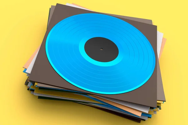 Black Vinyl Record Heap Covers Isolated Yellow Background Render Musical — Stockfoto