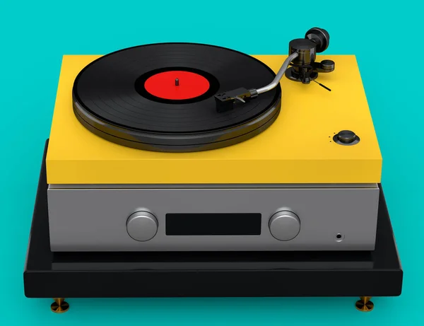 Vinyl Record Player Turntable Retro Vinyl Disk Green Background Render — 图库照片