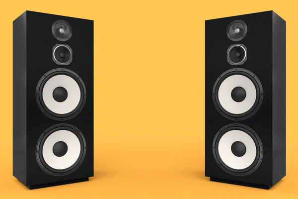 Speakers Loudspeakers Isolated Yellow Background Render Audio Equipment Boombox Sound — Stock Photo, Image