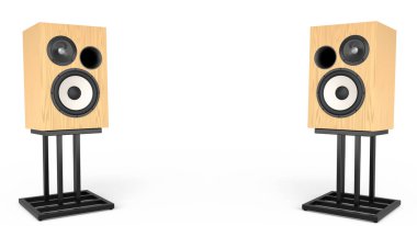 Hoparlörlü Hi-Fi hoparlörleri beyaz arka planda izole edildi. Ses kayıt stüdyosu için müzik kutusu gibi 3D ses ekipmanları oluştur