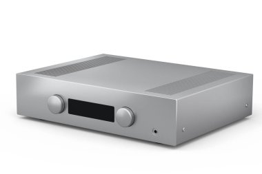 Pikablı HiFi sistemi ve beyaz arka planda ev sineması için yükseltici. Dinleme müziği için 3d yorumlama konsepti