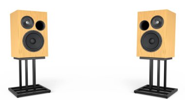 Hoparlörlü Hi-Fi hoparlörleri beyaz arka planda izole edildi. Ses kayıt stüdyosu için müzik kutusu gibi 3D ses ekipmanları oluştur