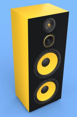 Hoparlörlü hoparlörler mavi arkaplanda izole edildi. Ses kayıt stüdyosu için müzik kutusu gibi 3D ses ekipmanları oluştur