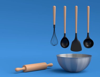 Mavi arka planda hamur hazırlamak için mutfak gereçleri ile metal kase. Aşçılık, harmanlama ve karıştırma için 3D pişirme süreci adım adım ve aksesuarları