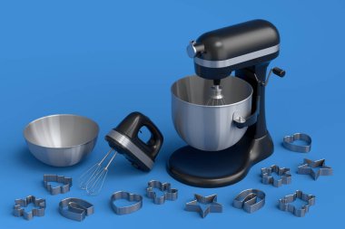 Mavi arka planda hamur hazırlamak için mutfak aletleri ve metal kurabiye kesicilerle karıştırıcı ve el karıştırıcı. Aşçılık, harmanlama ve karıştırma için 3D pişirme süreci adım adım ve aksesuarları