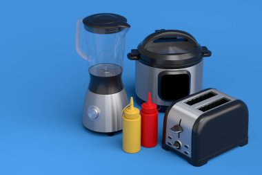 Tost makinesi, su ısıtıcısı, kahve makinesi ve mutfak aletleri mavi arka planda kahvaltı hazırlamak için. Aşçılık, harmanlama ve karıştırma için 3D pişirme süreci adım adım ve aksesuarları