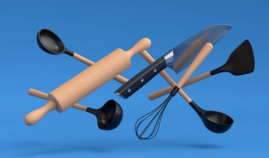 Ahşap mutfak aletleri, aletler ve ekipmanlar mavi arka planda. Ev yapımı mutfak aletleri ve yemek pişirmek için aksesuarlar