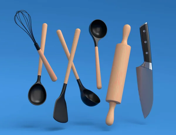 Wooden kitchen utensils, tools and equipment on blue background. 3d render of home kitchen tools and accessories for cooking
