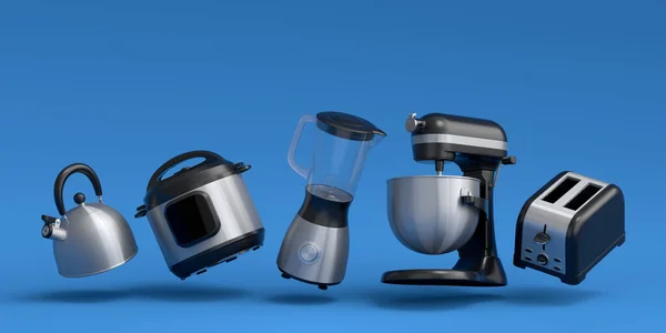 Electric Kitchen Appliances Utensils Making Breakfast Blue Background Render Kitchenware — Foto de Stock
