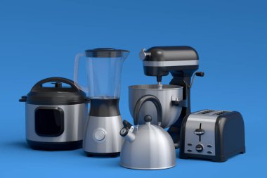Electric kitchen appliances and utensils for making breakfast on blue background. 3d render of kitchenware for cooking, baking, blending and whipping