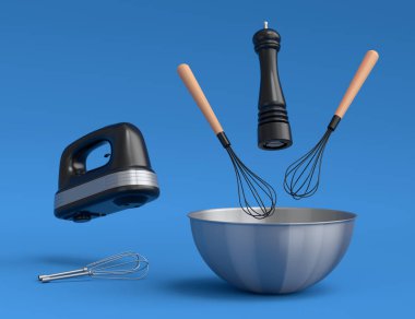 Mavi arka planda karıştırma, karıştırma ve karıştırma için elektrikli mutfak gereçleri olan metal kâse. Yemek pişirme, karıştırma ve karıştırma için ev mutfak aletleri ve aksesuarları 3D hazırlama